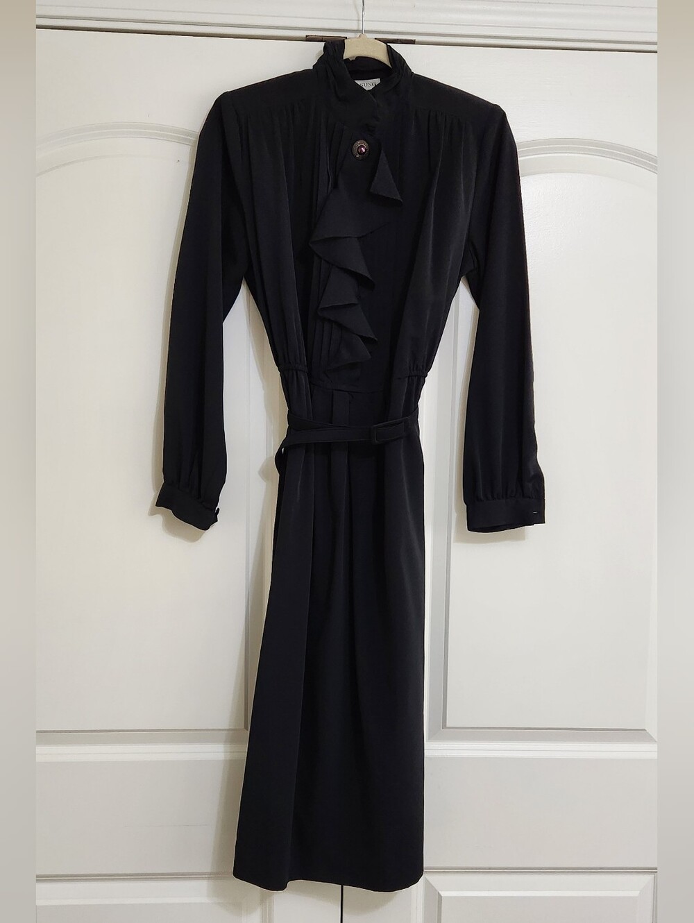 Vintage 80's Black Ruffled Front Long-Sleeve Midi Dress with Waist Tie